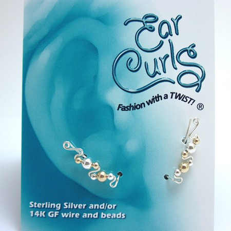 Sterling Silver Ear Curls - Two-tone Shiny Beads - Click Image to Close